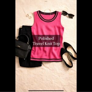MISOOK Travel Knit Top Pink Black Trim Sleeveless Polished Workwear Chic